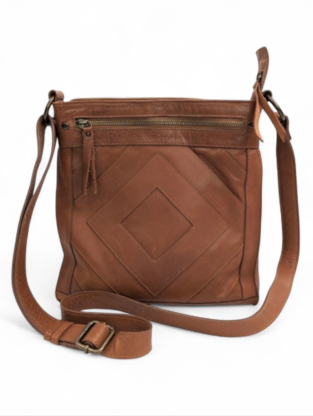 Lucky Brand Maka Crossbody Purse Patchwork Leather Adjustable Strap Boho Cognac